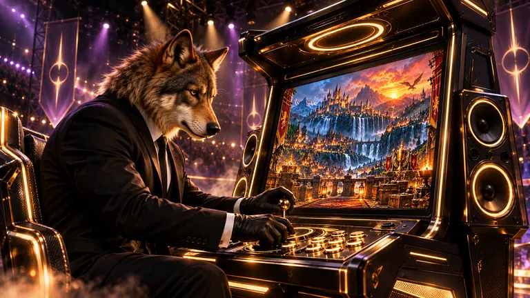Lupo von Rock the Wild spielt KIRA Idle an einem gold-schwarzen Arcade-Automaten
